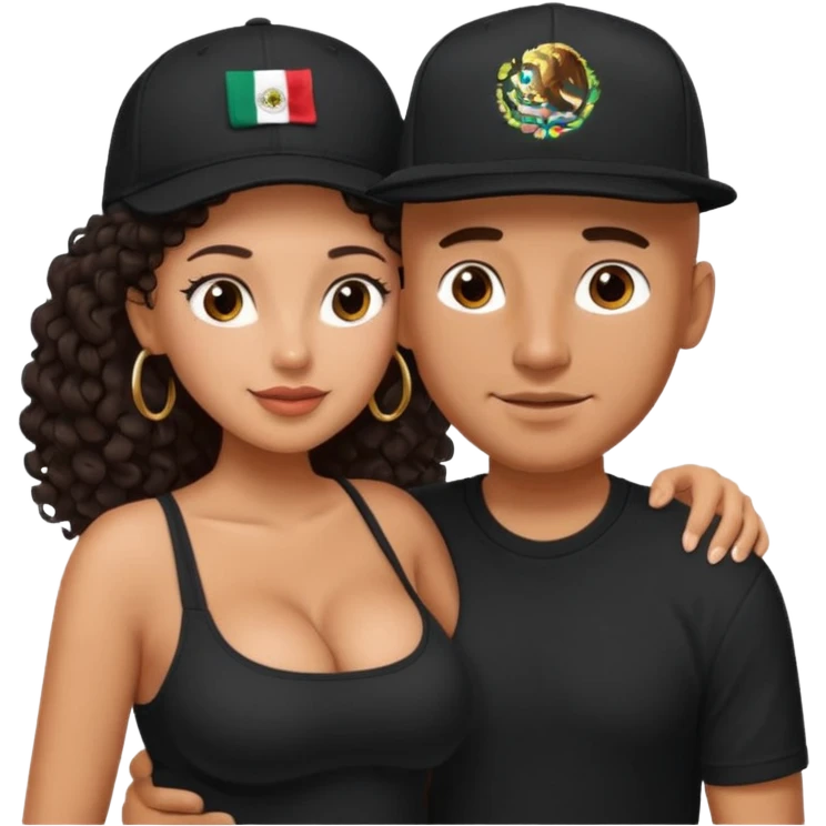 A picture of an embracing tanned couple. the man is a Mexican man with tanned skin, with a bald hair cut wearing a SnapBack hat and a black shirt. the woman is shorter, with long curly dark brown hair and with big boobs   emoji