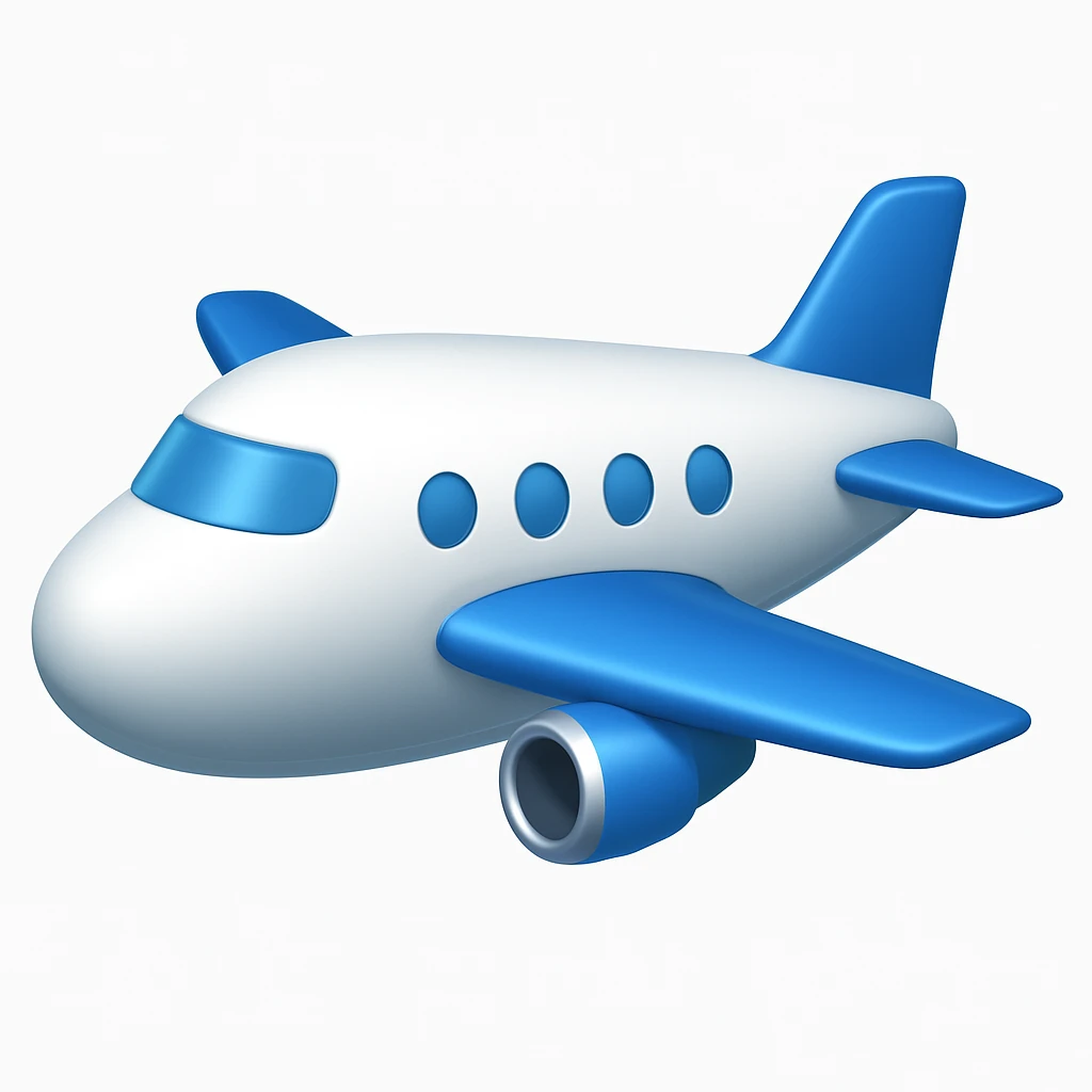 Make the airplane emoji look wider than the previous version. Keep everything else the same: iOS emoji style, 3D, shiny, smooth gradients, soft shadows, realistic airplane shape, classic emoji look. Add a subtle highlight to the body. emoji