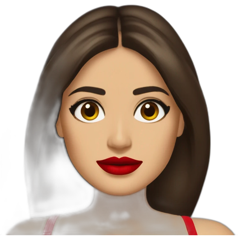 Salma hayek in bikini with straight hair red lips oval face almond eyes emoji