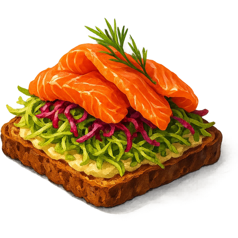 В слега рисованном, но при этом ярком и объемном стиле сгенерируй картинку сочного смёрребрёда c капустой, рыбой, профессионально выставленный свет, который подчеркивает объем, прозрачный фон emoji