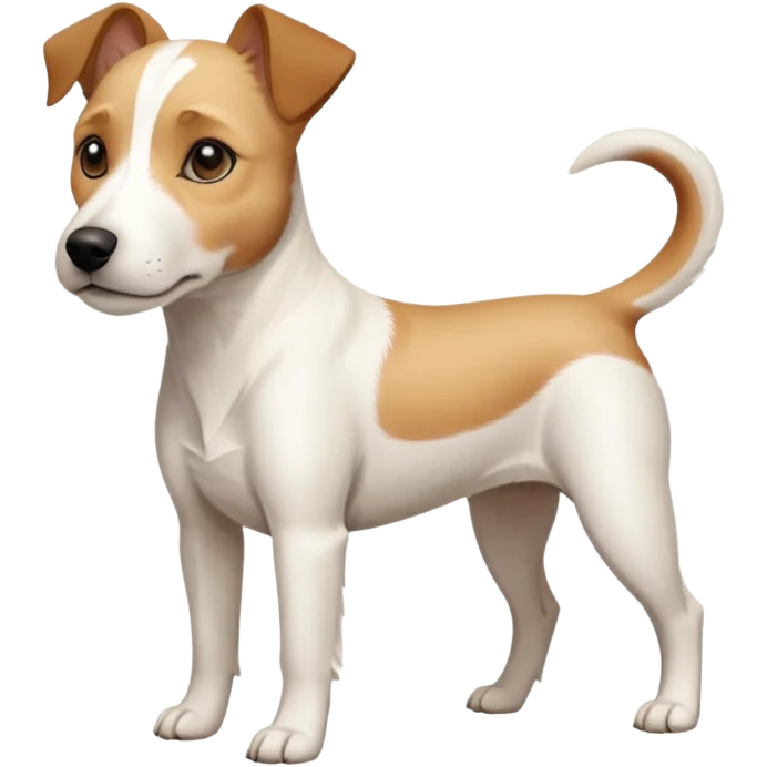 a full body facing front on of a buff white parson russell terrier looking dog the size of a kelpie with light brown long ears resting on its face and a light brown patch on one eye and a large snout. the rest of the dog is completely white.  emoji