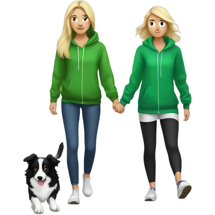 Black and white boarder collie being walked by a blonde girl in a green hoodie emoji
