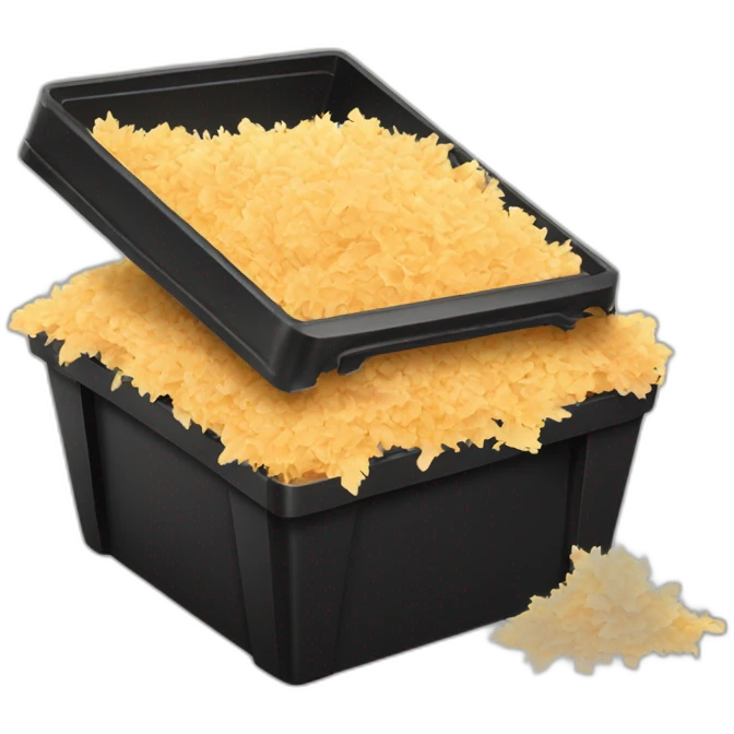 Black cubic plastic container with wood shavings inside emoji