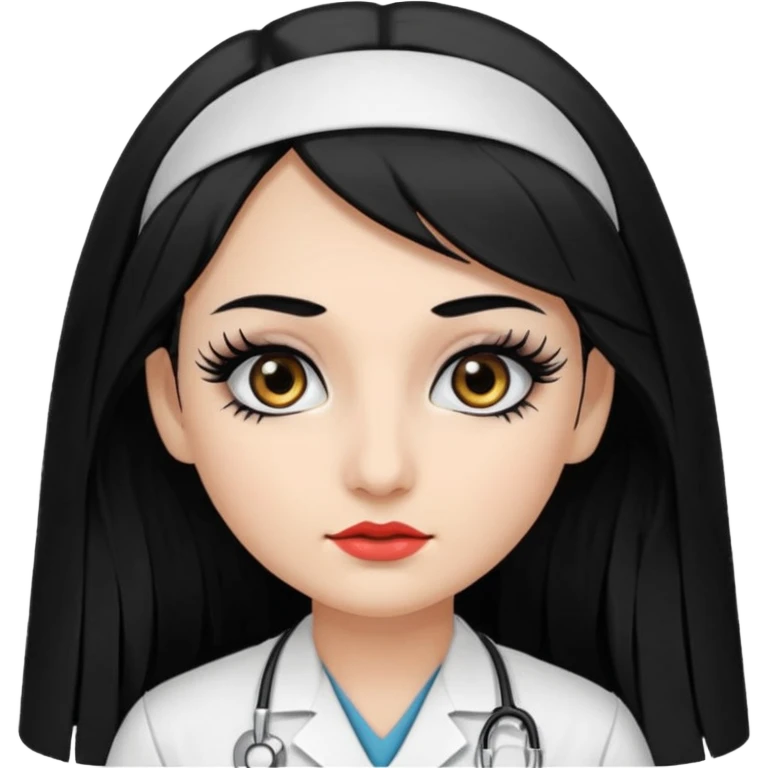 Nurse, long hair,black hair, black eyes, false eyelashes,eyeliner,  emoji