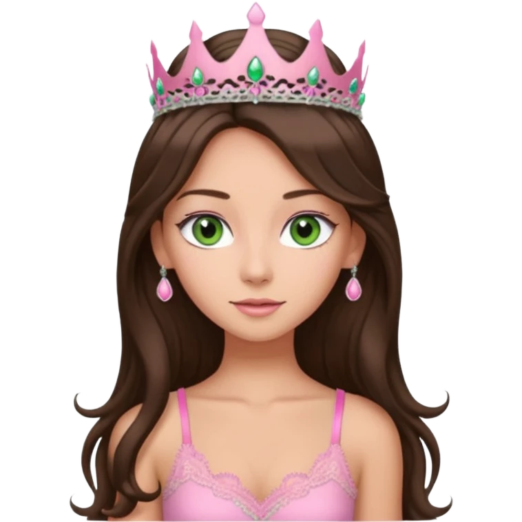 super long haired brunette with middle part cute pink lacy tank with a pink tiara on head, white but tan green eyes  emoji