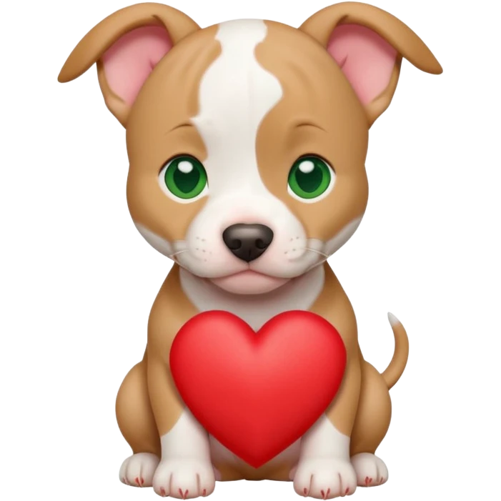White and tan pitbull puppy with green eyes and cropped ears holding a heart emoji