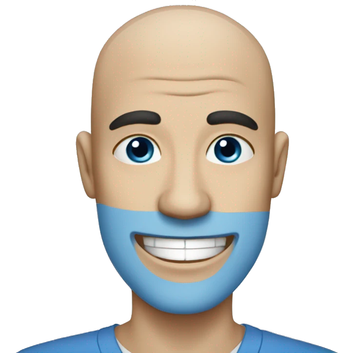bald man with blue skin, black eyes and a white smile emoji