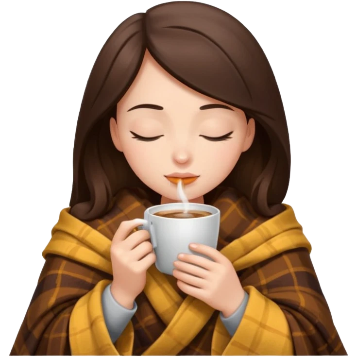 girl brunette inside a blanket sipping coffee eyes closed emoji