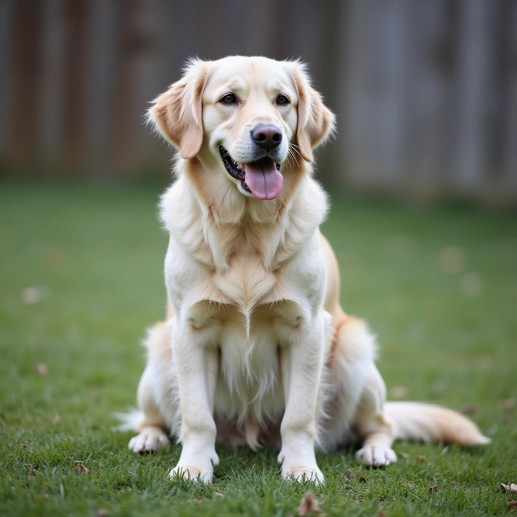 adult english cream golden retriever sitting on grass, facing camera, fence in the background emoji