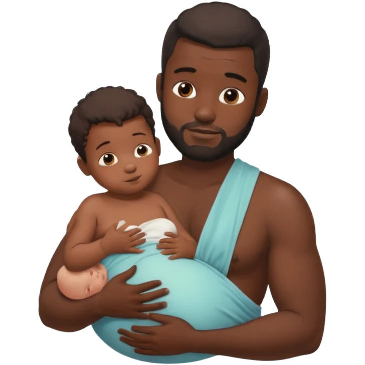 A shirtless pregnant burly black man breastfeeding his baby,  thd baby is suckling on his nipple emoji