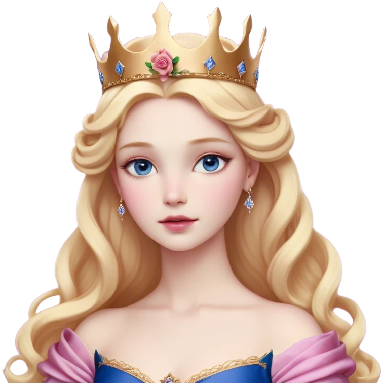 Cinematic Realistic Sleeping Beauty (Aurora) Portrait, with porcelain-like skin featuring a natural rosy flush, illuminated by soft lighting that highlights the gentle contours of her face. Her golden blonde hair flows in soft, detailed waves with subtle highlights that shimmer in the light. Her deep violet-blue eyes radiate warmth and innocence, framed by arched brows and long lashes. With a soft, serene smile, she holds a delicate rose gently in one hand, her other hand resting lightly by her side. She is dressed in her classic pink gown, the fabric rich in texture with delicate folds that catch the light. A golden crown rests atop her head, gleaming with royal refinement. The portrait captures a soft, glowing aura, blending realism with an ethereal sense of beauty and timeless enchantment. emoji