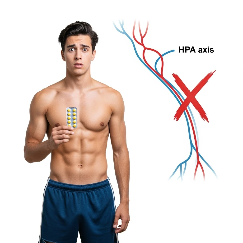 Giovane atleta che tiene in mano blister di steroidi orali, mentre dietro di lui si vede un diagramma stilizzato dell’asse HPT con una X rossa sopra, espressione preoccupata emoji