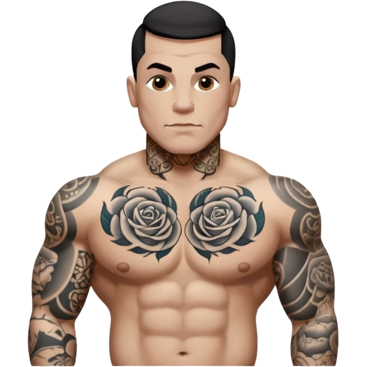 tattoo man, white skintone, more highlight the tattoo, body builder, heavy tattoos on fully chest, more tattoos on the body, more visible tattoo, big tattoos, tattoos on face. emoji