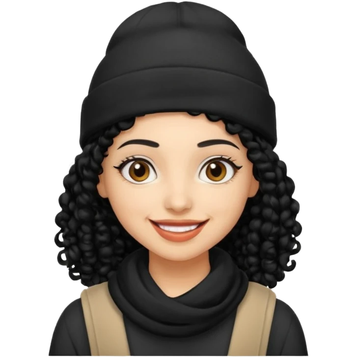 smiling arab hipster woman with curly hair and beanie emoji