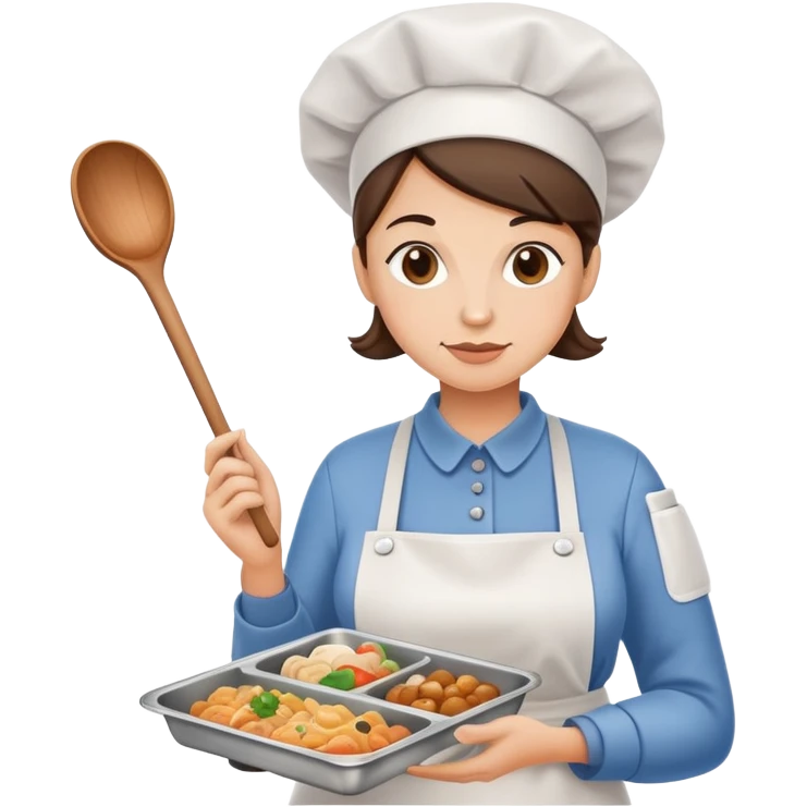 lunch lady holding a ladle and a tray with gross food, cartoonish emoji