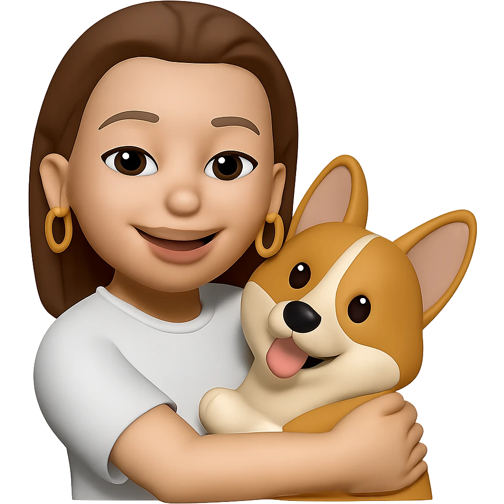 make the golden ring earrings twice as big while she is wearing a white t-shirt and hugging a corgi dog, keep the same style emoji