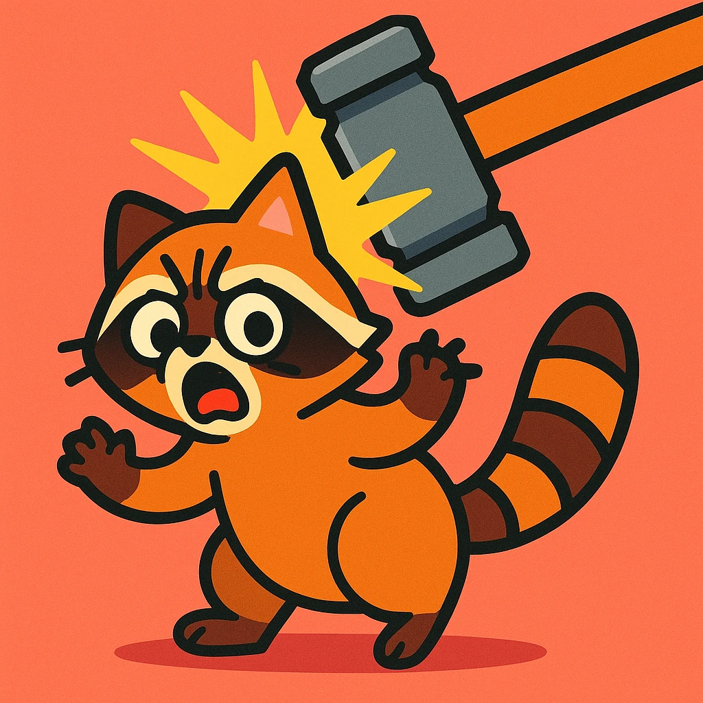 a little raccoon cat being hit by a hammer, slapstick, simple background emoji