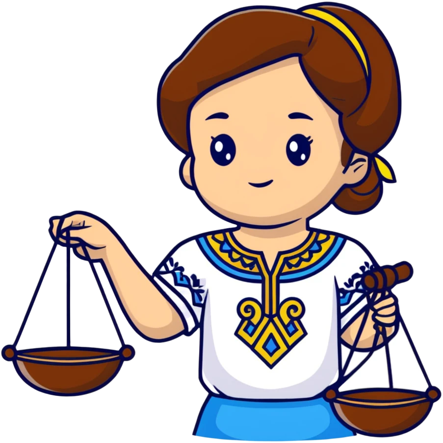 Ukrainian girl with brown hair wearing a traditional embroidered vyshyvanka shirt, holding scales of justice in her hand emoji