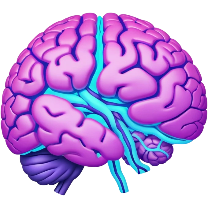 brain with neon glow effect, blue neon glow on top left, purple neon glow on bottom right emoji