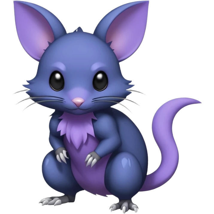 Gothic style, charcoal-black, steel-blue, lilac-violet, Rattata-Noibat-Purrloin-Fakemon-hybrid-creature (full body) emoji