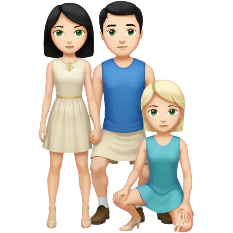 King, man, upright, black Hair, blue eyes, whole body, Woman, bending knees, blonde, green eyes, sleveless White Dress, emoji