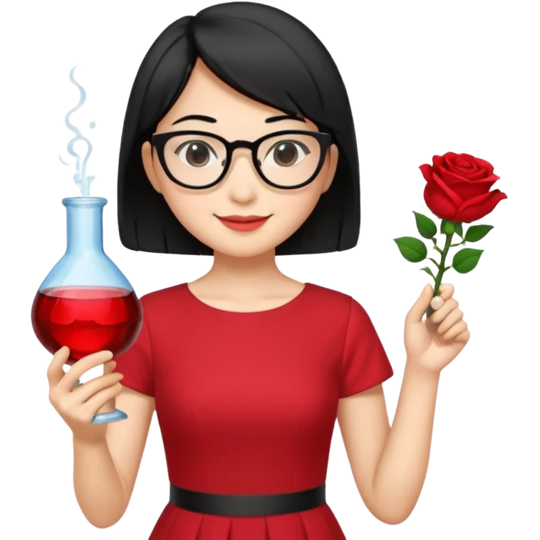 female asian chemistry teacher wearing glasses holdin a flask pointing right with straight short hair to her shoulders wearing a red dress with roses on it and black hair and make the glasses more retangle and make her hold a flash with one hand and with the other point right and make her smile emoji