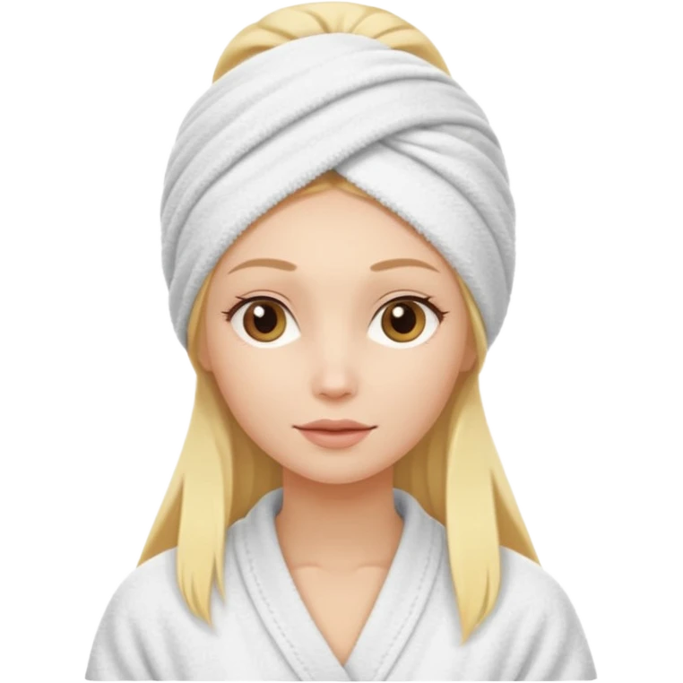 mulher branca e loira cabelo longo com toalha na cabeça tipo spa emoji