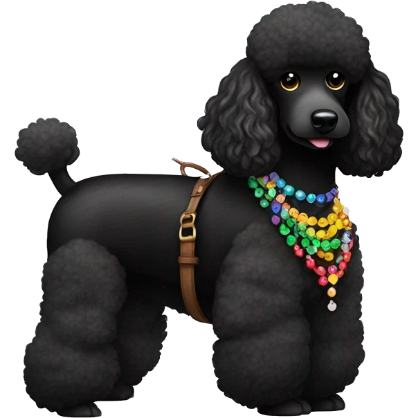 One Small Black Poodle with one  colorful bead necklaces with brown harness emoji