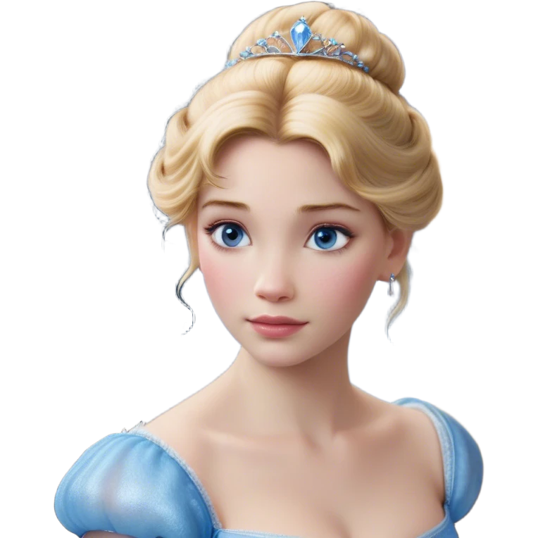Cinematic Realistic Cinderella Portrait, depicted with lifelike skin texture, subtle rosy undertones, and soft natural lighting that enhances the gentle contours of her face. Her intricately detailed golden blonde hair is elegantly styled in an updo, with delicate wisps framing her face. Her deep, expressive blue eyes radiate warmth and sincerity, reflecting a quiet resilience and grace. She holds a glass slipper gently in one hand, her other hand resting gracefully at her side, emphasizing the timeless beauty of the moment. She is dressed in her iconic ball gown, the fabric shimmering with intricate embroidery and fine translucent layers that catch the light beautifully. The soft sheen of satin gloves adds a magical touch to her graceful pose. The portrait features an enchanting glow with a natural, luminous finish, seamlessly blending realism and fairytale charm to evoke a sense of depth, elegance, and timeless beauty. emoji