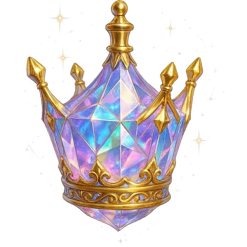 luxurious crystal elixir bottle shaped like a crown, pastel gradient, lots of shine, facets, ornaments, golden details, magical effects, very small golden neck, transparent background, beautiful connected base, clearly floating in the air, no base or shadow, premium class, interesting design, fits a collection emoji