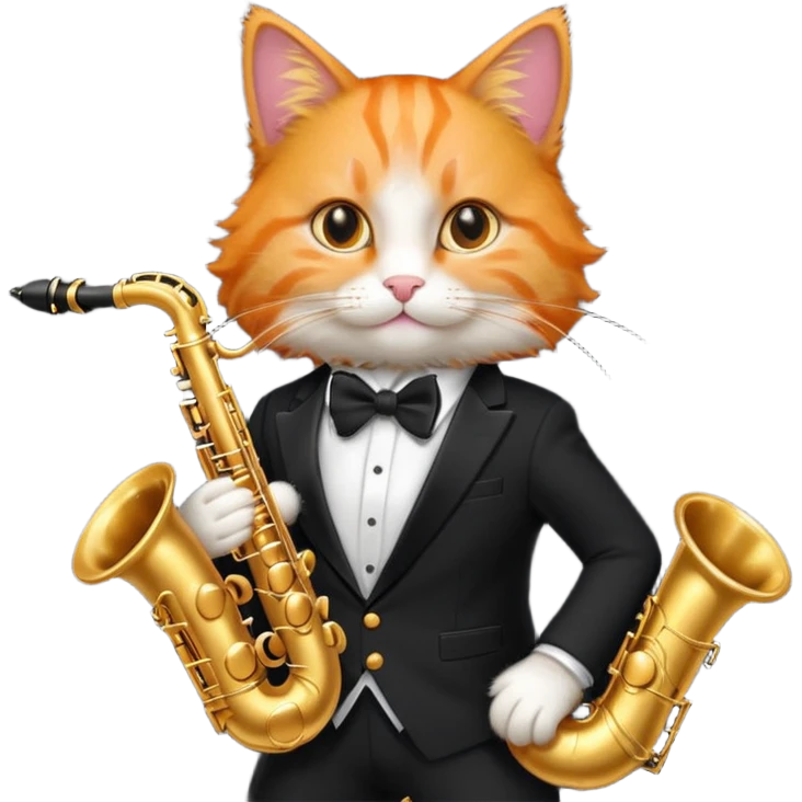 orange cat play gold saxophone, wear black suit emoji