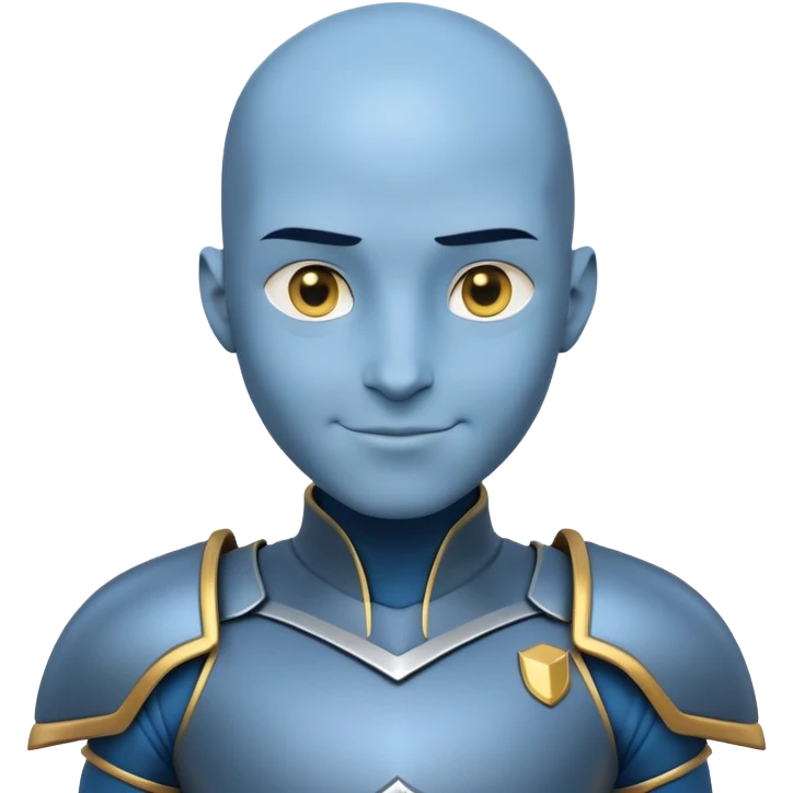 A stylized 3D cartoon character with blue skin, a smooth bald head with a light blue patch on top, and golden eyes. He has a confident, friendly smile and wears a futuristic black and silver outfit with shoulder armor. Bust portrait, clean background emoji