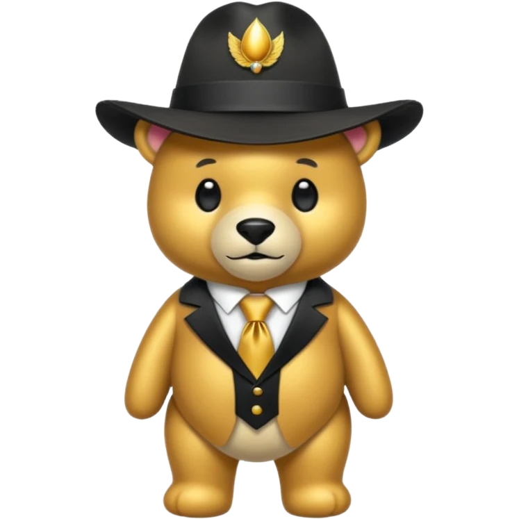 Oso dorado con un sombrero negro y fn su cuello un moño negro emoji