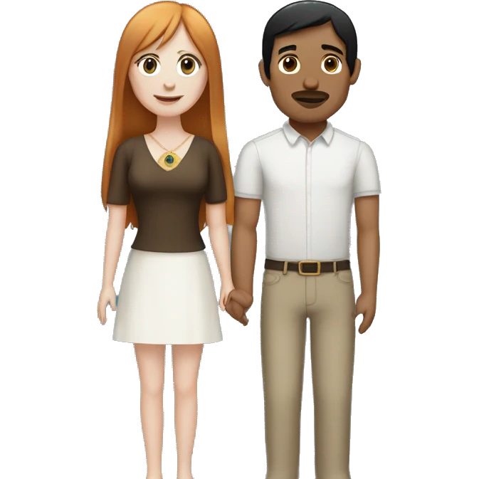 a married couple standing beside eachother, one has pale skin and long straight ginger hair with bangs and blue eyes, the other person is a man that is mexican and has straight chin length black hair with brown eyes emoji