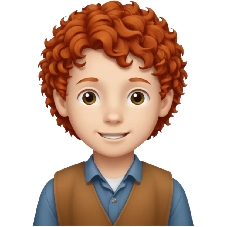 redhead kid with unique face features and very curly hair kid boy happy and braced emoji