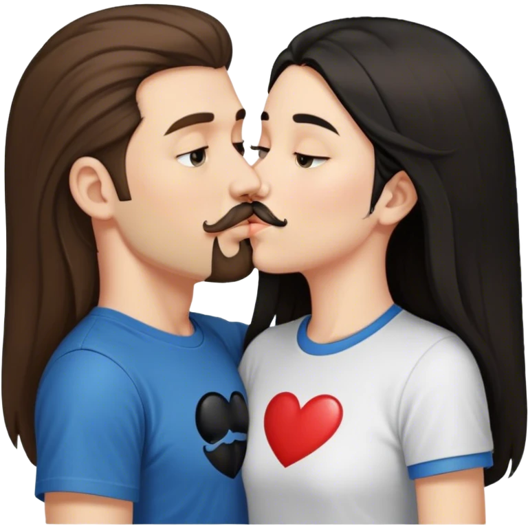tall white guy with brown hair goatee mustache wearing t-shirt kissing a shorter white girl with long black hair emoji