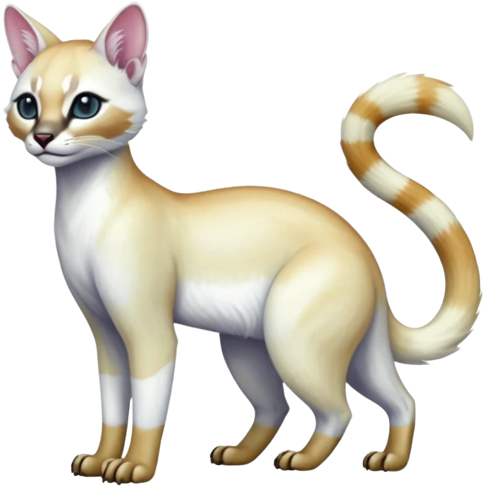 Colorful tropical pearly-albino-white iridescent glorious divine exotic cute cool beautiful shiny beautiful fantasy-caracal-civet-genet-sergal-vernid-Cacomistle-oncilla-animal-Fakémon-hybrid-fursona (full body) emoji