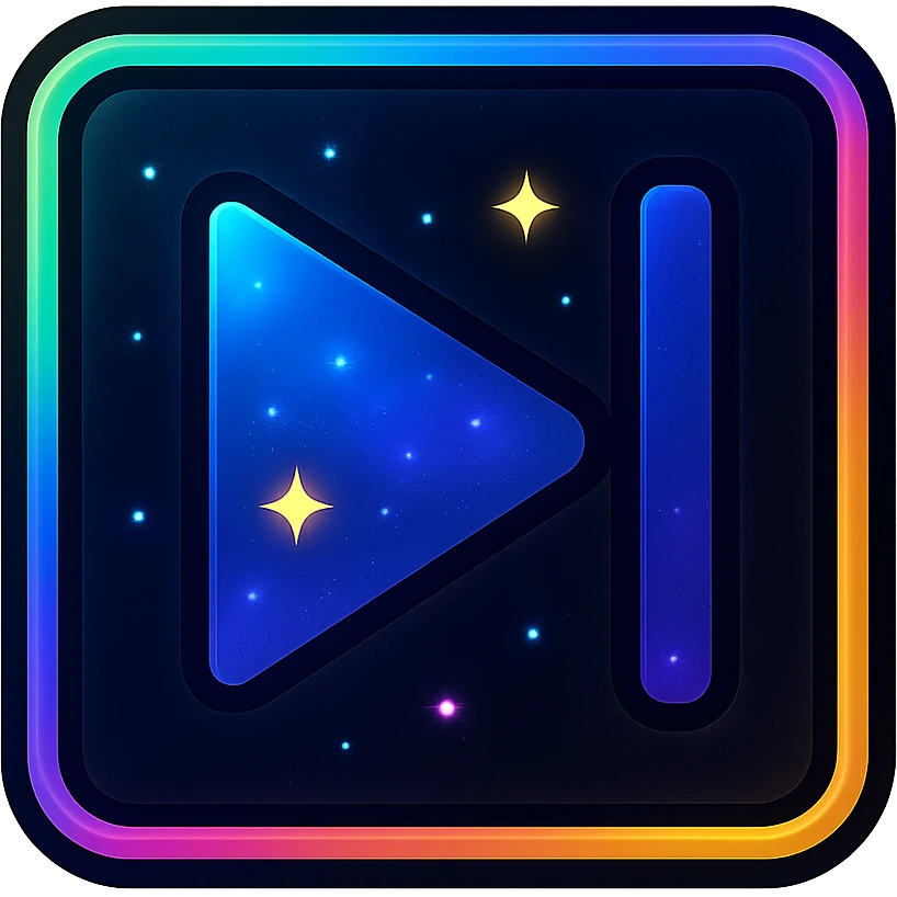 next song icon with dark purples, blues, black base, neon glowing border, nebula gradients, small bright stars, subtle glow, specular highlights, luminous effect, accent colors cyan, pink, yellow, green, orange, consistent with media controls set emoji
