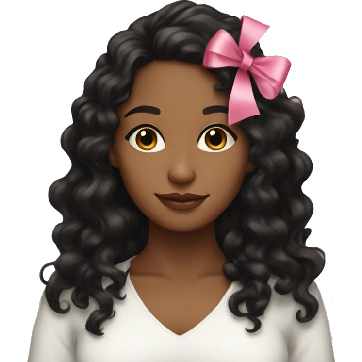 pretty brown woman with long mid length black curly hair with pink ribbon  emoji