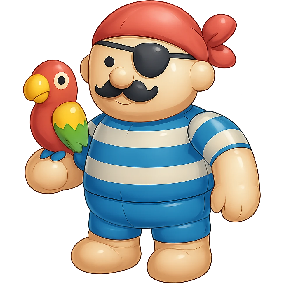 cartoon inflatable pirate with eye patch holding a parrot, colorful inflatable object style emoji