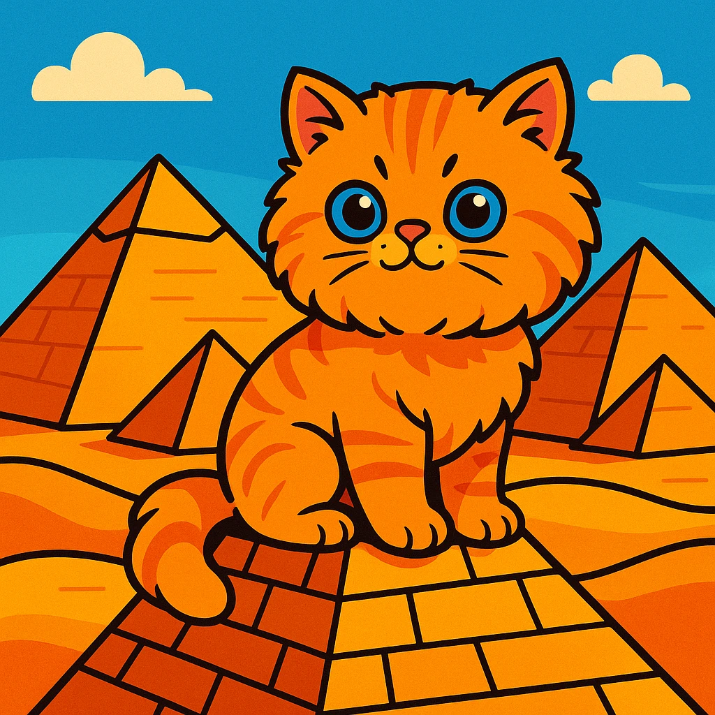 a vibrant cartoon style Persian kitten on an Egyptian pyramid emoji
