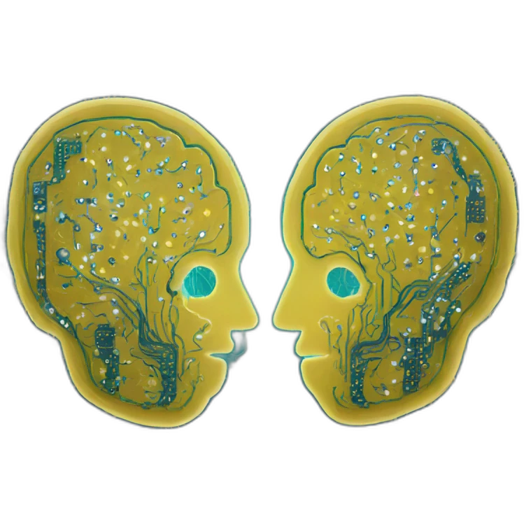 two brains connecting, a circuit-board style line between them, digital style emoji