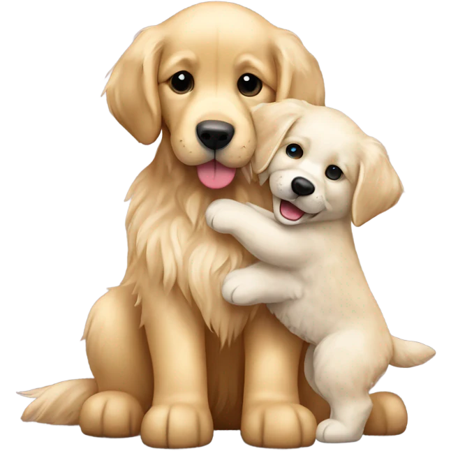 English cream golden retriever holding teddy bear emoji
