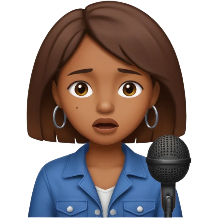 Brown skin girl singing into a microphone looking sad  emoji