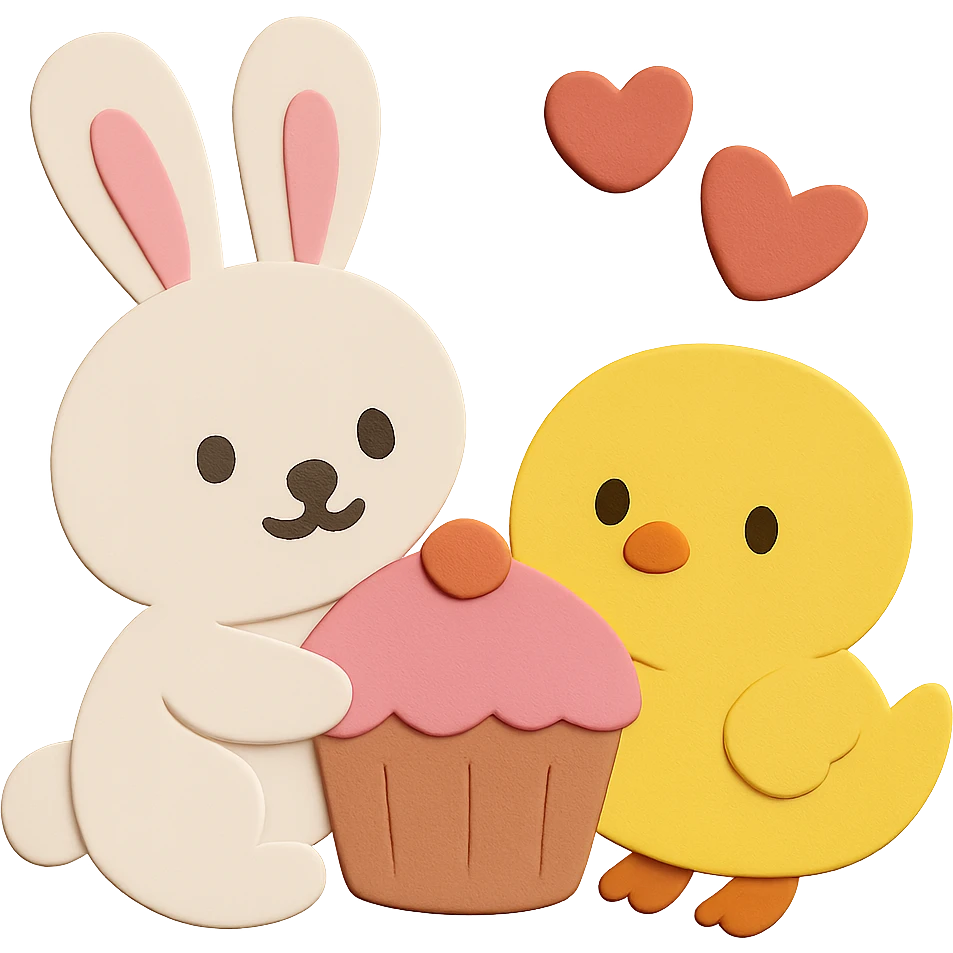 Remove the background completely and make it fully transparent, keeping the bunny, chick, cupcake, and hearts intact emoji