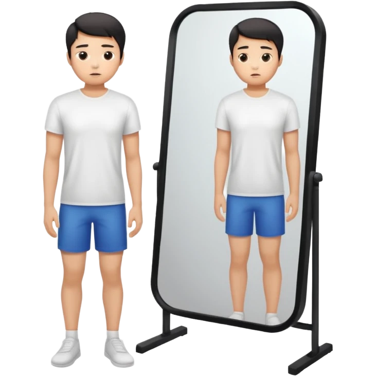 A young Asian guy is sadly examining his body in a full-length mirror. emoji