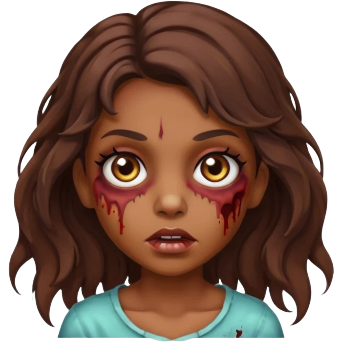 Garota zumbi com cabelos castanhos ondulados médio, olhos castanhos grandes e cílios longos  emoji