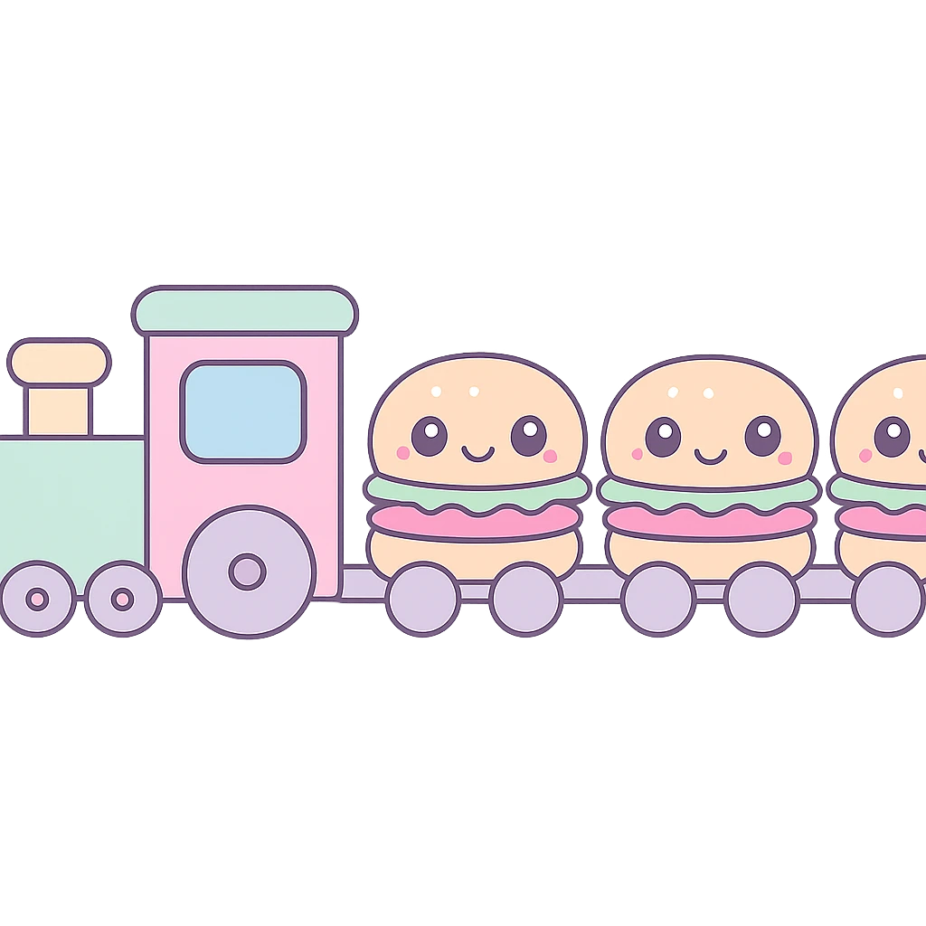 kawaii hamburger train, cute faces on burger buns, pastel colors, adorable and friendly emoji