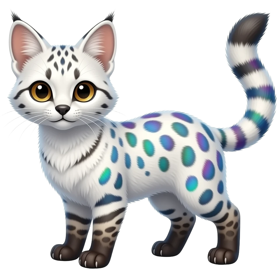 White soft silky smooth vernid-Civet-Genet-Bobcat-Caracal-Serval-animal-hybrid-mix fantasy creature LiLaiRa Kamirah Falvie whiskers paws full body with colorful gradient iridescent patterns fur markings and with a long thin tufted tail feline emoji