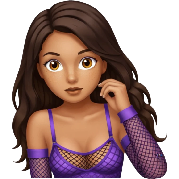 Tan skin with freckles, long dark hair, hazel eyes Dominatrix with sparkly fishnet stockings  emoji